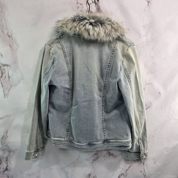 Chicos Denim Jacket Womens Small 0 Jean Faux Fur Collar Light Wash Stretch Bling - Picture 5 of 12